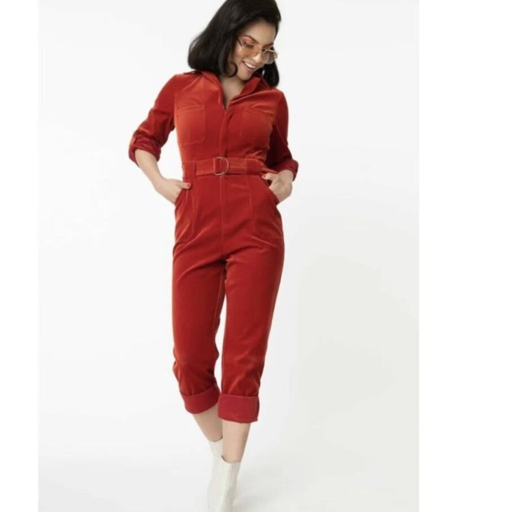 Unique Vintage Trixie Burnt Red Orange Retro Corduroy Jumpsuit Medium